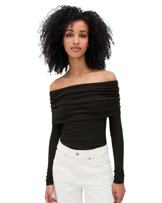 Enza Costa Black Silk Rib Off-Shoulder Top