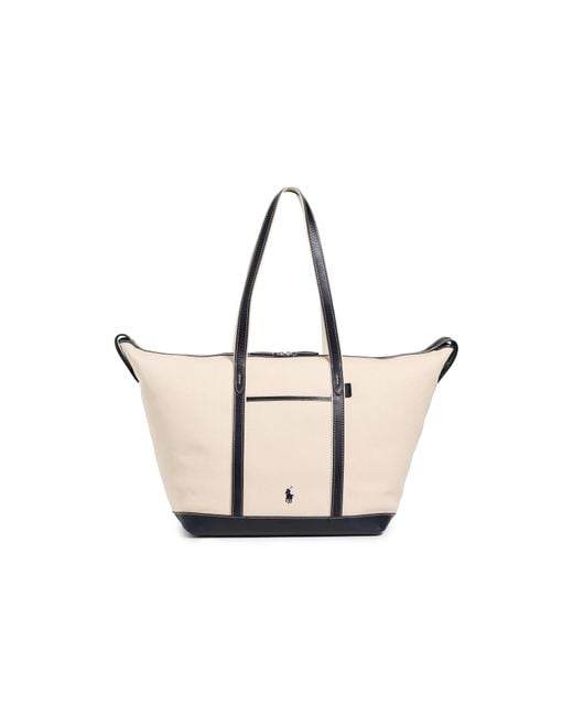 Polo Ralph Lauren White Leather Trim Canvas Large Shopper Tote