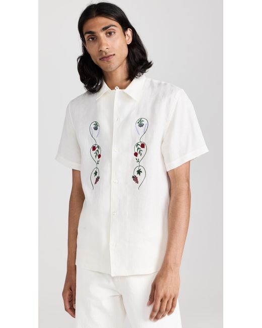 De Bonne Facture White Linen Embroidered Camp Collar Short Sleeve Shirt for men