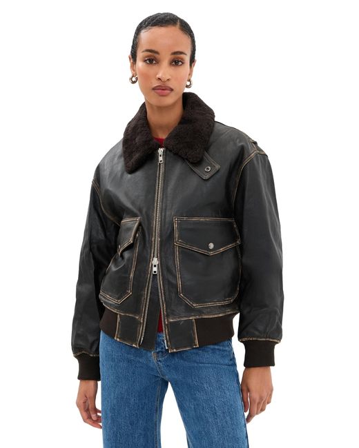 Dunst ファー付き黒レザージャケット DUNST Shearling Collared Leather Jacket in Black | Lyst