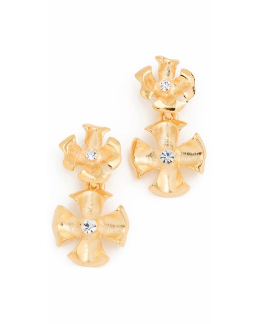 Kenneth Jay Lane White Crystal Center Flower Drop Pierced Earrings