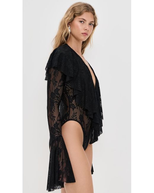 Norma Kamali Black Long Sleeve Deep V Ruffle Bodysuit