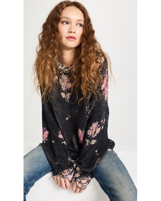 R13 Cotton Floral Distressed Oversized Sweater in Floral on Black