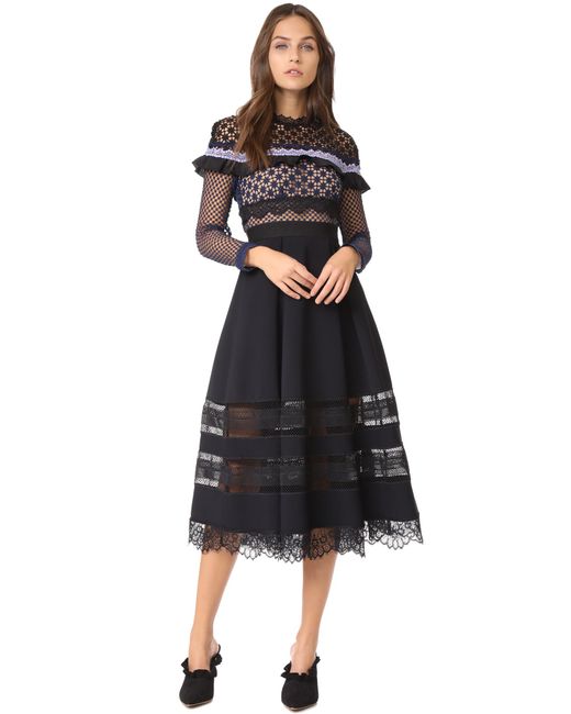 Self-Portrait Black Bellis Lace Trim Dress With Full Skirt