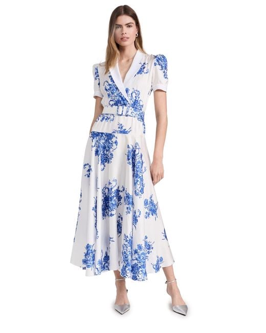 Rodarte Blue White And Floral Printed Silk Twill Collared Dress With Belt Detail