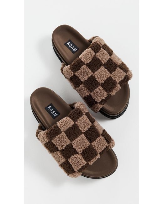 Roam Brown Fuzzy Checker Stack Slippers