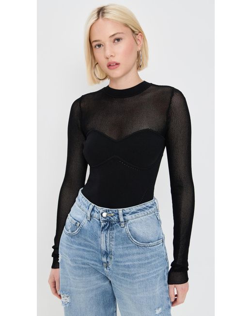 Fleur du Mal Black Knit Long Sleeve Cupped Thong Bodysuit