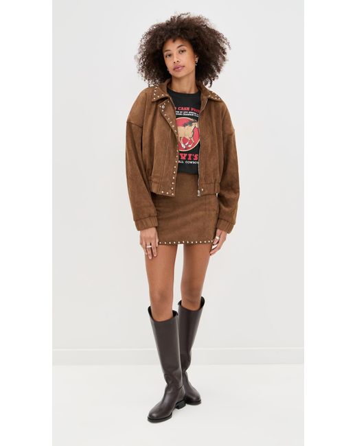 Moon River Brown Stud Detail Zipper Front Faux Suede Jacket