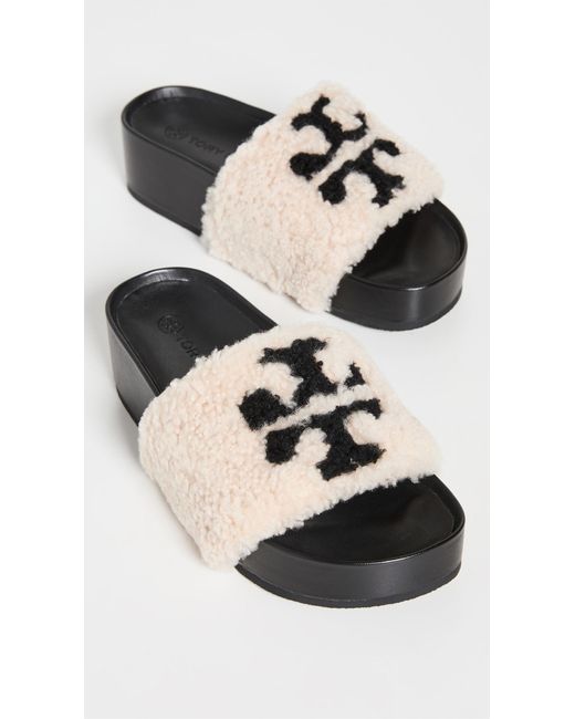 Tory Burch Leather Double T Shearling Flatform Sandals in Black - Lyst