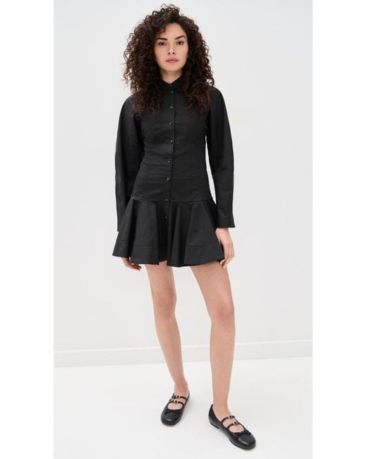 Ganni Stretch Cotton Buttoned Mini Dress in Black | Lyst