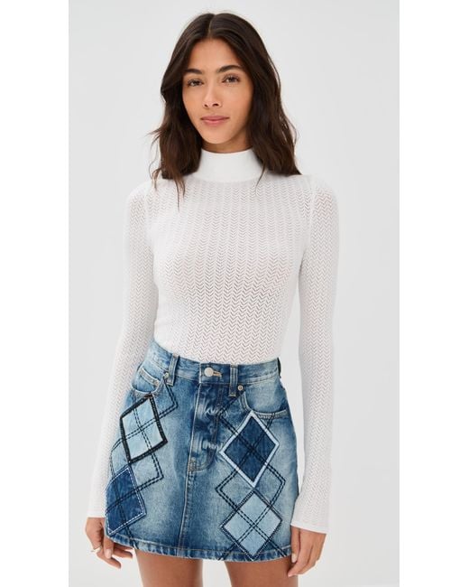 Alice + Olivia White Lanie Pointelle Mock Neck Top