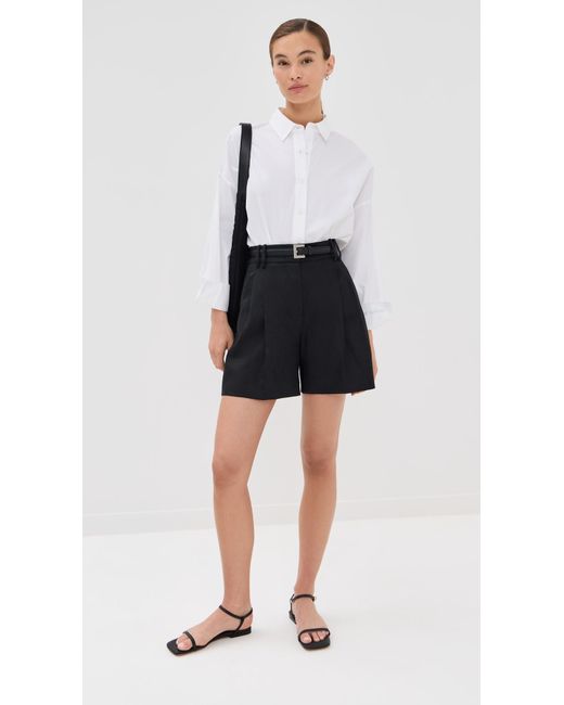 Another Tomorrow Black Solid Linen Pleated Shorts