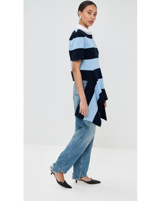 Monse Blue Striped Cascade Half Placket Knitted Top