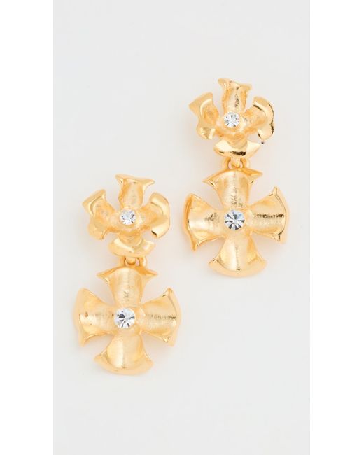 Kenneth Jay Lane White Crystal Center Flower Drop Pierced Earrings