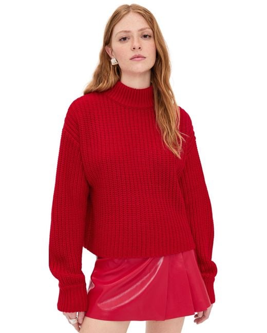 GOOD AMERICAN Women's Red Chunky Knit Mock Neck Sweater