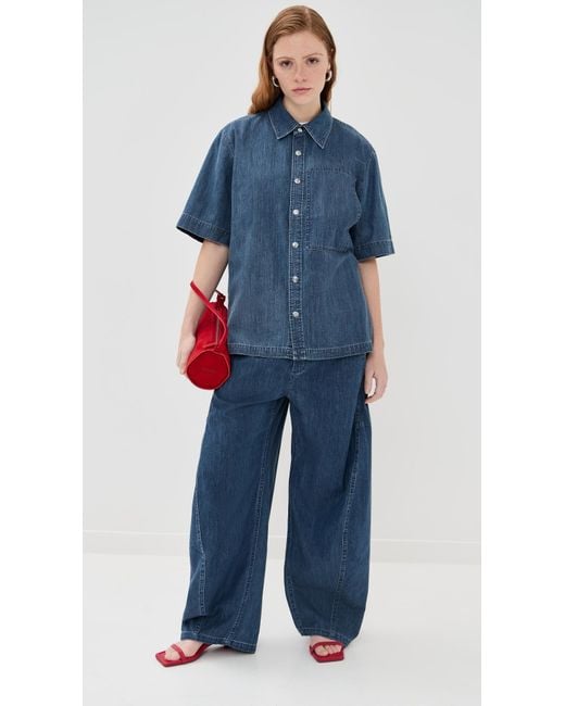 Tibi Blue Summer Denim Classic Wash Camp Shirt