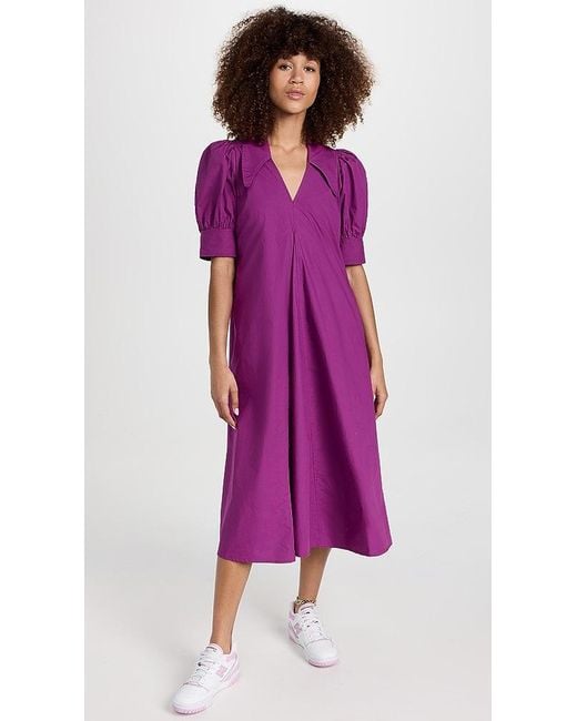 Ganni Cotton Poplin V Neck Dress in Purple | Lyst