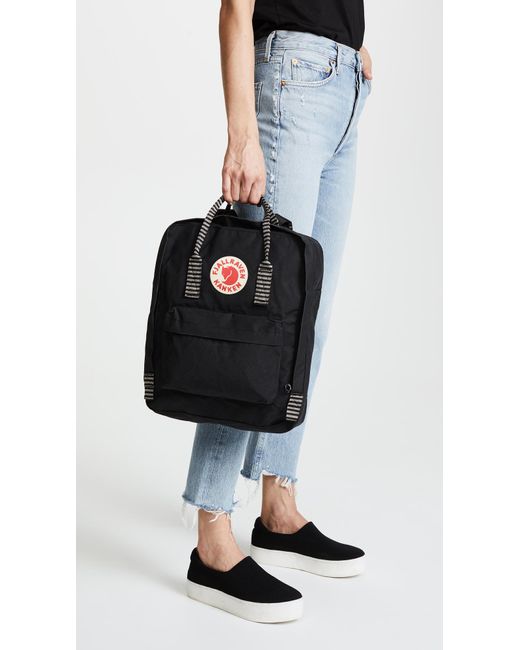 fjallraven mini kanken black backpack with contrast stripes