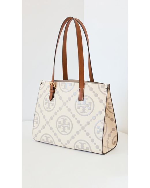 Tory Burch Natural T Monogram Contrast Embossed Small Tote