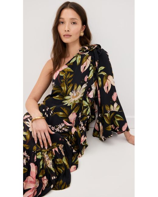 Farm Rio Black One Shoulder Ruffled Maxi Dress