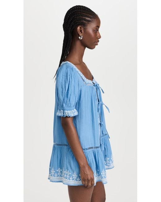 Sea Blue Brice Solid Socked Puff Sleeve Tie Front Dress