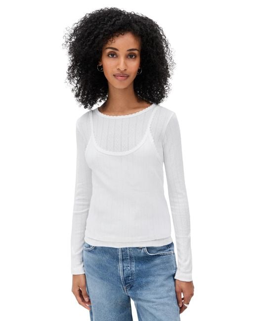 Leset White Pointelle Layered Long Sleeve Top