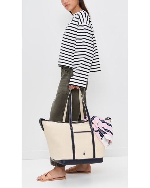 Polo Ralph Lauren White Leather Trim Canvas Large Shopper Tote