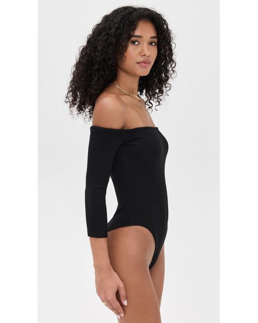 L'Agence Black Evelyn 3/4 Off Shoulder Thong Bodysuit