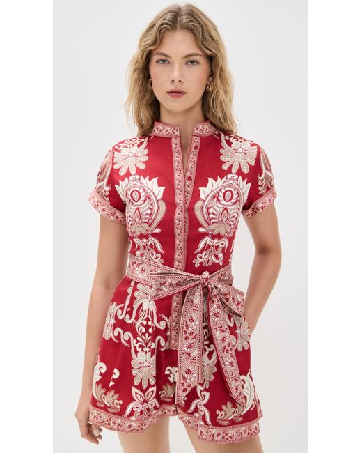 Alice + Olivia Red Lucy Roll Sleeve Button Down Romper
