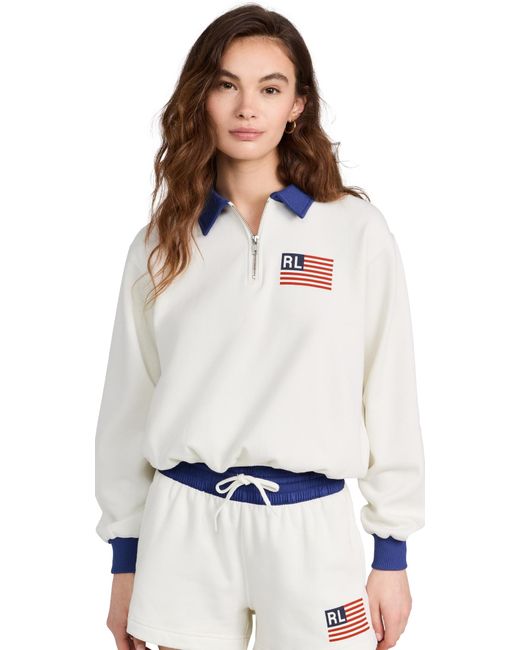 Polo Ralph Lauren White Logo Flag Fleece Half Zip Sweatshirt