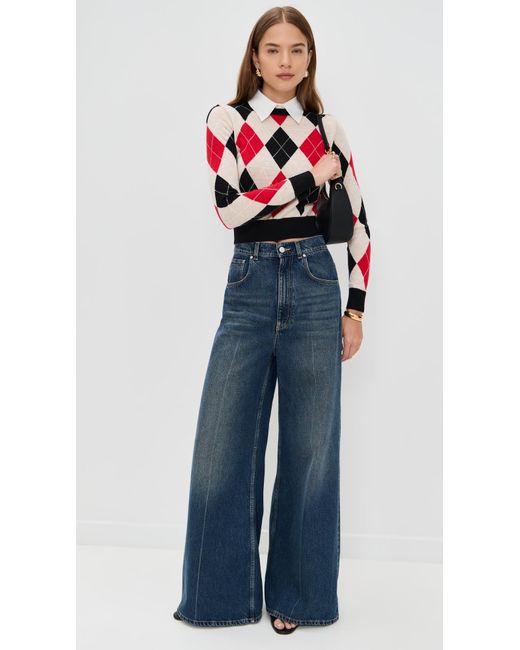Alice + Olivia Red Carolann Argyle Pullover With Woven Collar