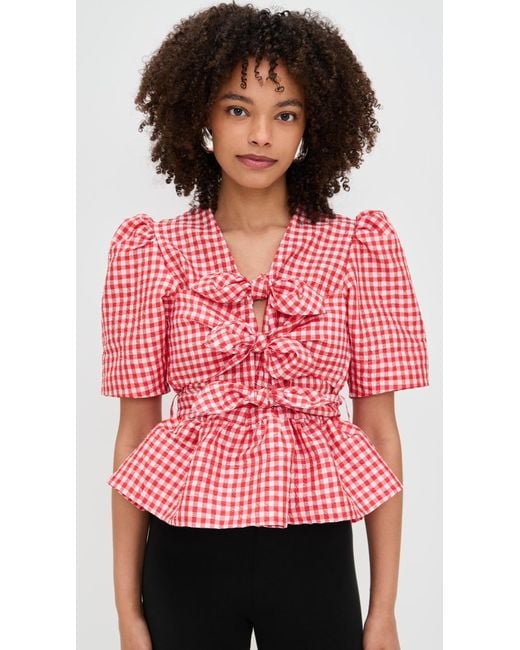 Ganni Crinkled Taffeta Check Tie Strap Blouse in Pink | Lyst
