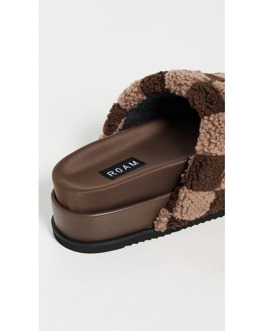 Roam Brown Fuzzy Checker Stack Slippers