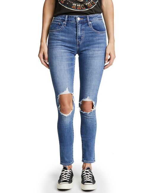 Levi's 721 High Rise Distressed Skinny Jeans in Blue | Lyst