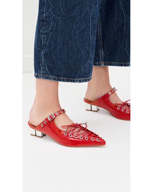 Ganni Eyelets Lace Up Mules in Red | Lyst