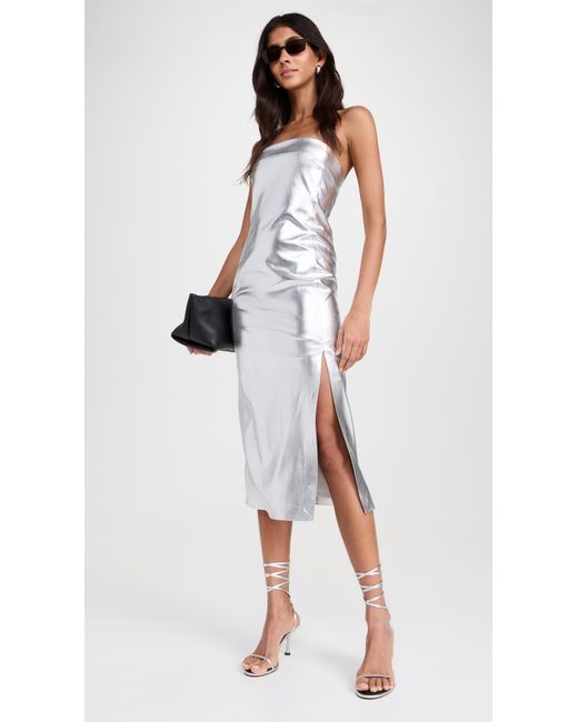 Alice + Olivia Kelly Shiny Faux Leather High Slit Midi Dress in Metallic |  Lyst