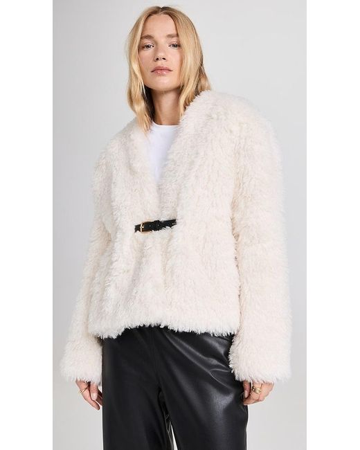 RECTO. Faux Shearling Belted Strap Detail Coat in Natural | Lyst