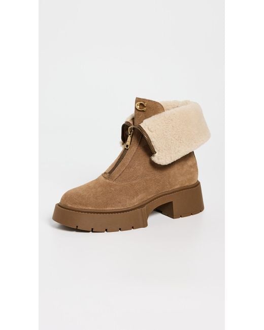 COACH Natural Leah Platform Suede Shearling Zip Booties