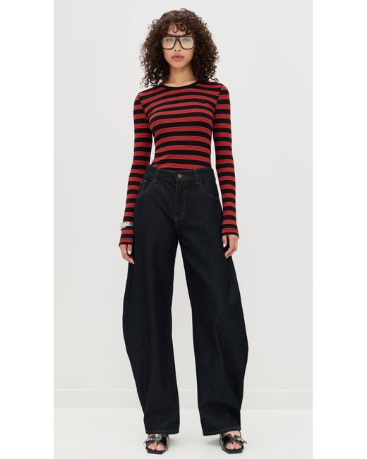 Ganni Soft Cotton Rib Striped Long Sleeve Tee in Red | Lyst