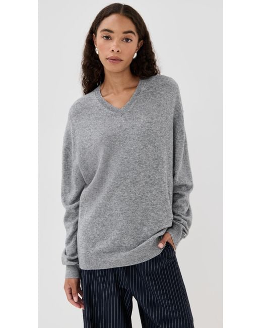 Tibi Gray Washable Cashmere Easy V Neck Sweater
