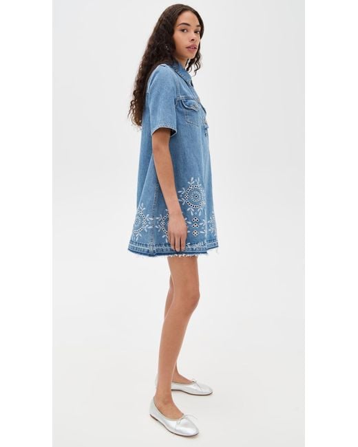 Ganni Broderie Anglaise Denim Mini Dress in Blue | Lyst