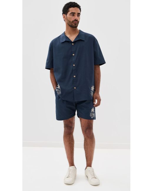 FANM MON Blue Gorkem Embroidered Linen Shorts for men