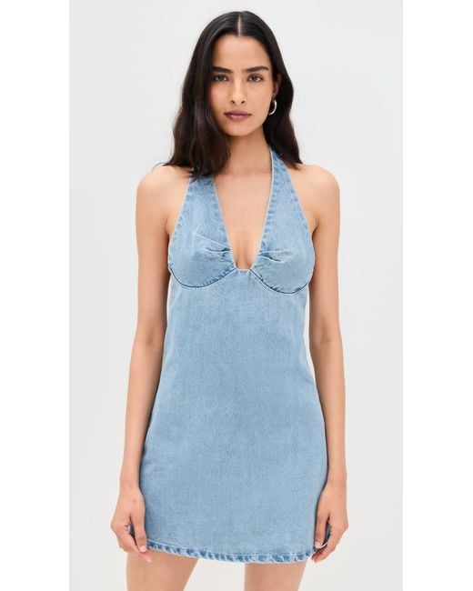 Denim Mini Dress Women Free People Clean Break Denim Mini Dress – Adjustable Halter Neck, Drop-Waist, Smocked Back