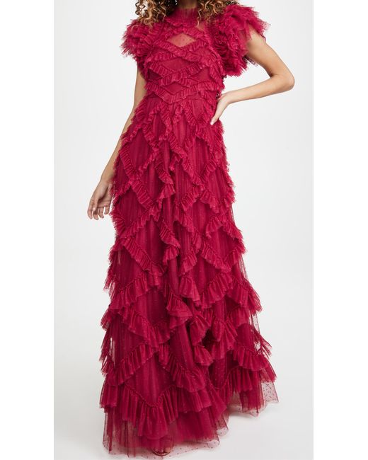 Needle & Thread Red Genevieve Ruffle Gown