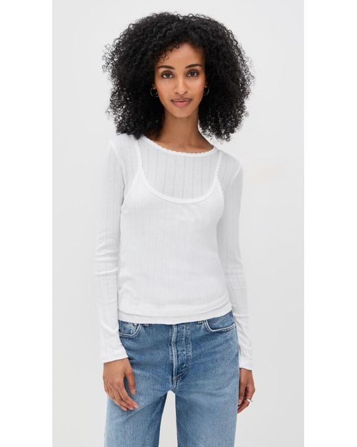 Leset White Pointelle Layered Long Sleeve Top