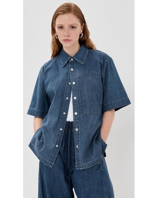 Tibi Blue Summer Denim Classic Wash Camp Shirt