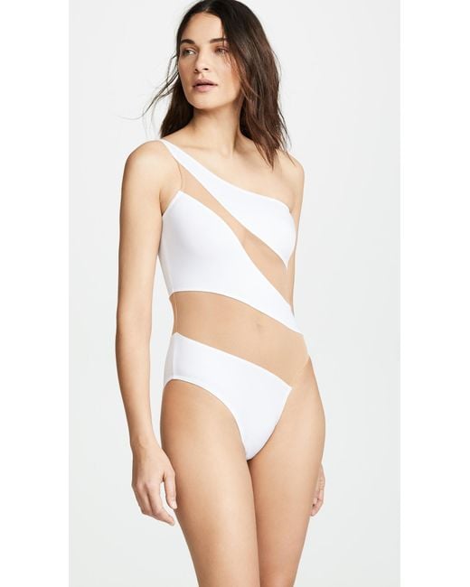 Norma Kamali White Snake One-shoulder Mesh-paneled Swimsuit