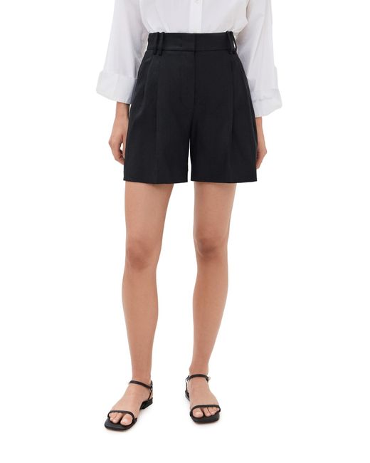 Another Tomorrow Black Solid Linen Pleated Shorts