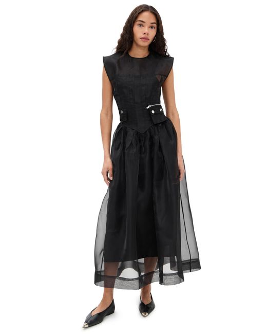 ganni technical organza corset midi dress Ganni Technical Organza Corset Dress in Black