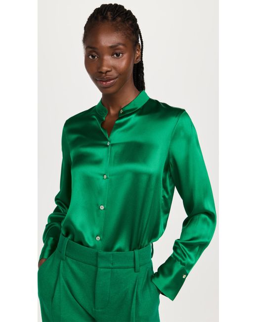 Vince Slim Fitted Band Collar Blouse in Green | Lyst